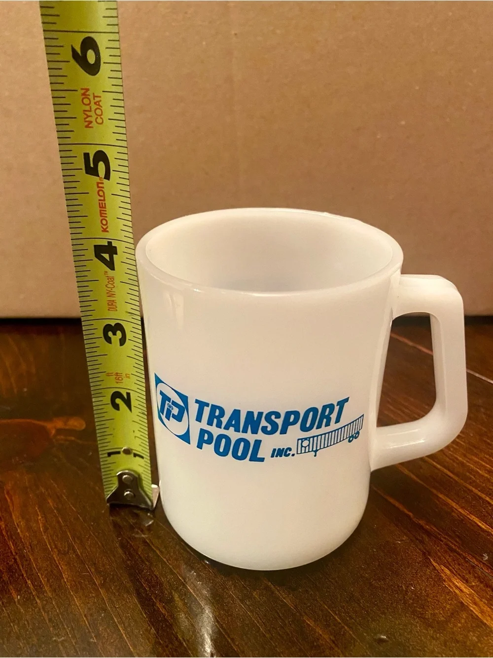 Vintage 1970s Milk Glass Mug Transport Pool Inc. Advertisement 10 oz